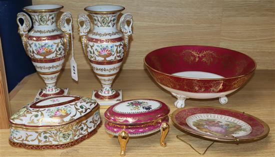 A pair of Limoges swan-handled vases, a similar, a box, bowl plate and box